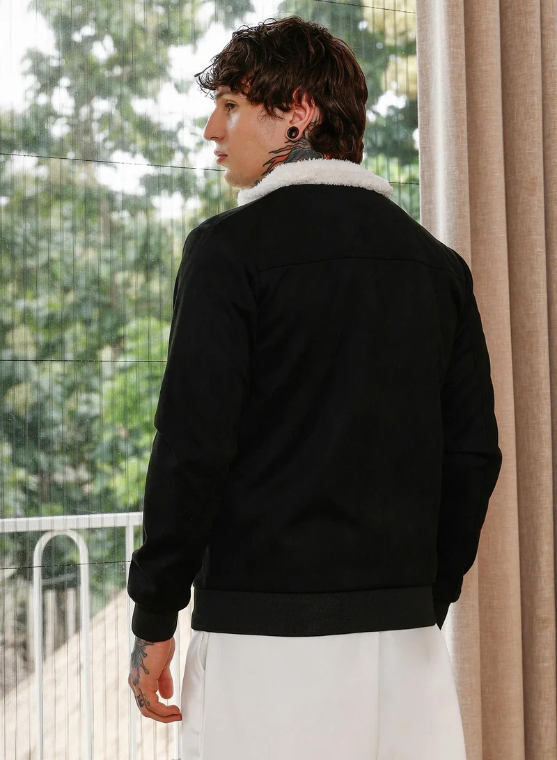 CAHOOT  Men's Contrast Sherpa-Lined Suede Bomber Jacket | Point Collar , Long Ribbed Cuff Sleeves , Zipper Closure , Ribbed-Straight Hem | Solid Woven Textured For Casual & Daily | Raven Black for Men | Best Price UAE